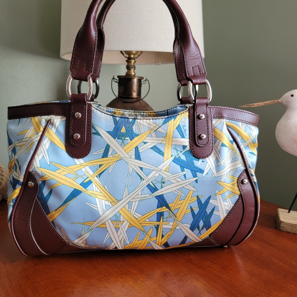 Cole Haan Floral Print Satchel Blue Yellow Brown Leather Trim Bag